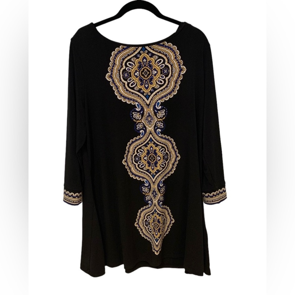 JM Collection Black Tunic Dress Jewels White Blue Gold Detail Sz XL